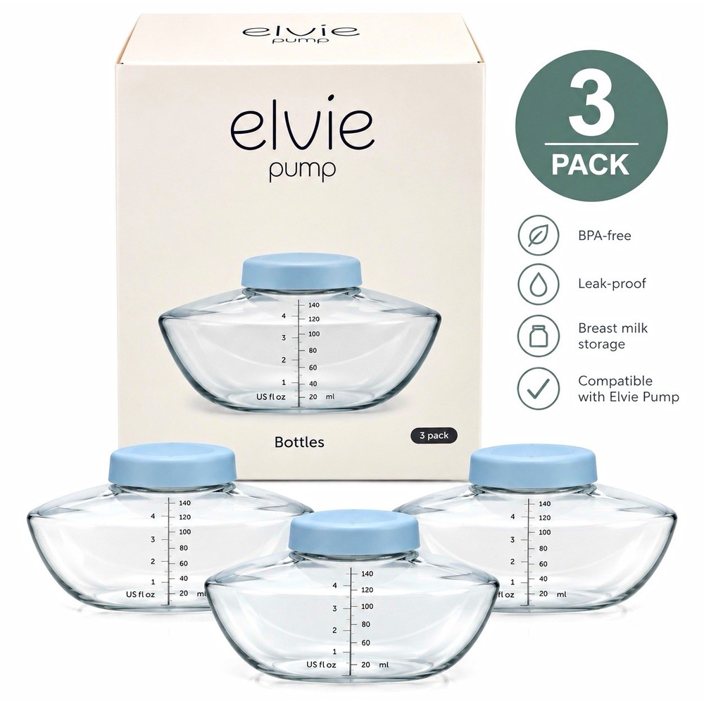 Elvie Pump Breast Milk Storage Bottles 3 Pack 5oz 150ml Blue Lids NIB